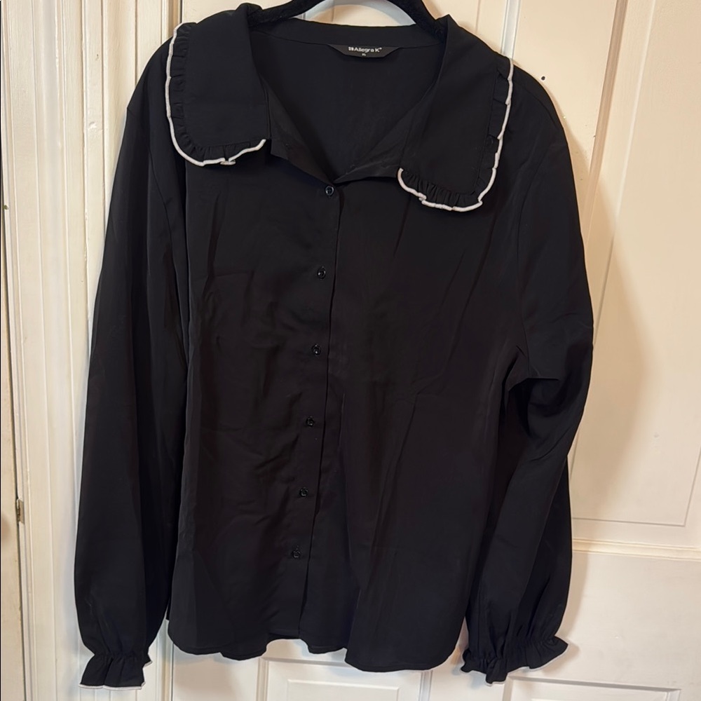 Allegra K Black Blouse with Ruffled Collar